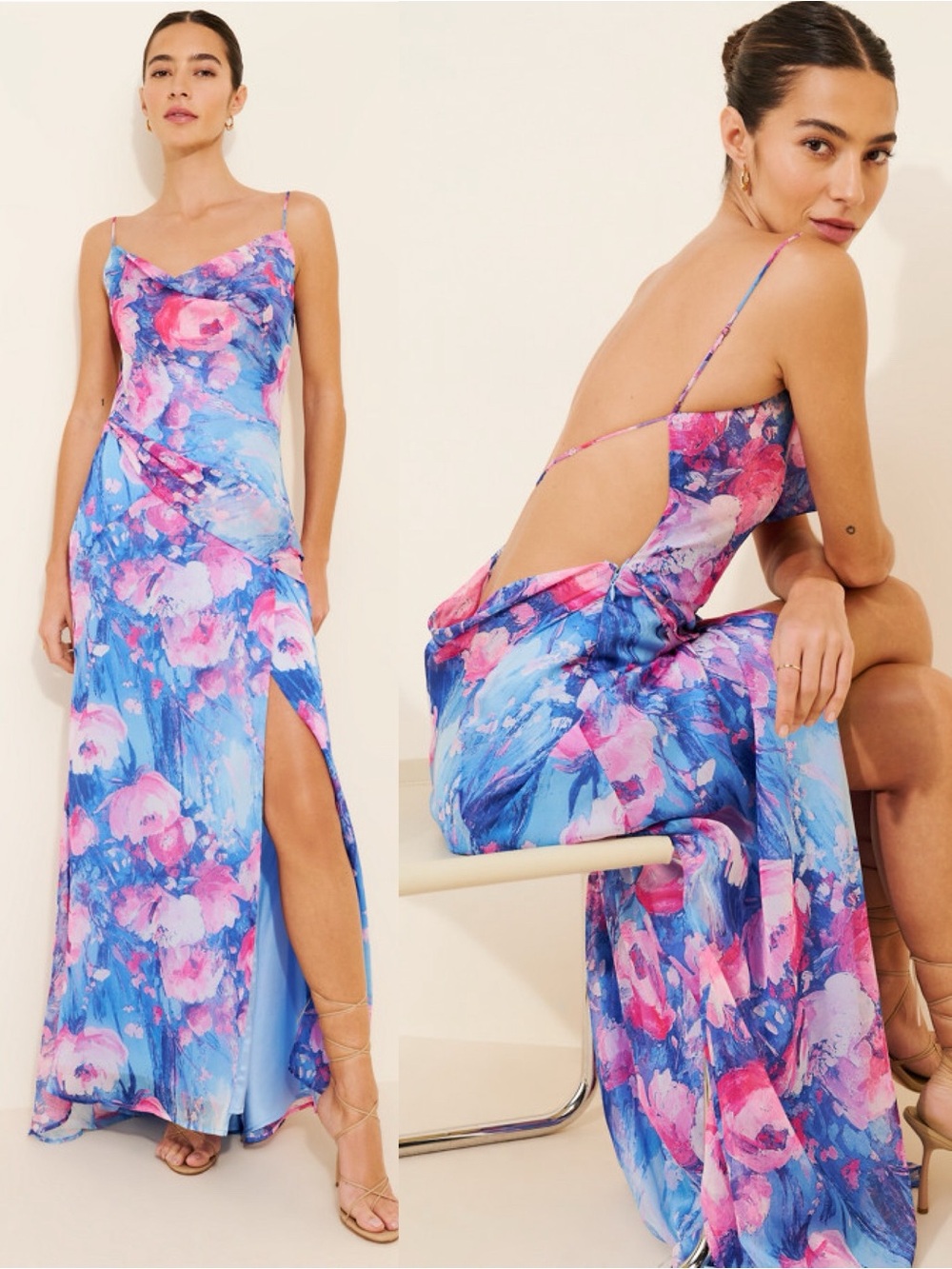 Anthropologie If By Sea Cowl Low Back Dress Blue Pink Floral Medium Resort Gown